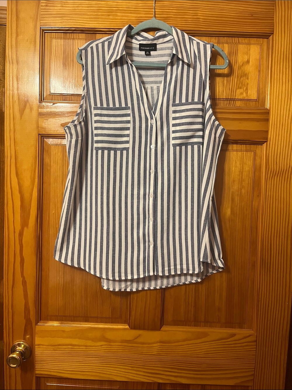 Sleeveless Vertical Stripe Button-Down Top - Blue & White